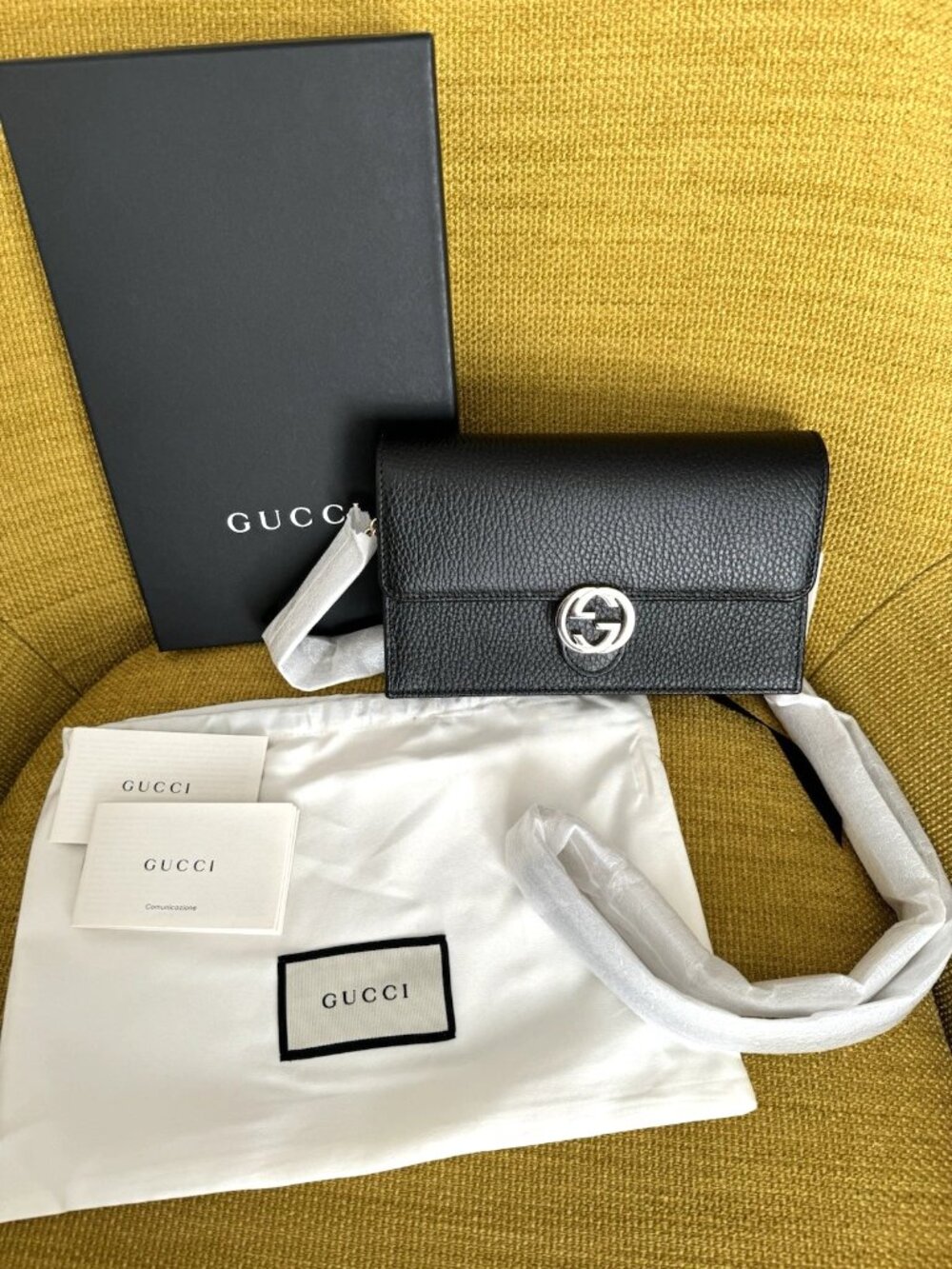 NEW Gucci Interlocking Wallet w/Chain Black Leather Crossbody Bag Box & Dustbag
